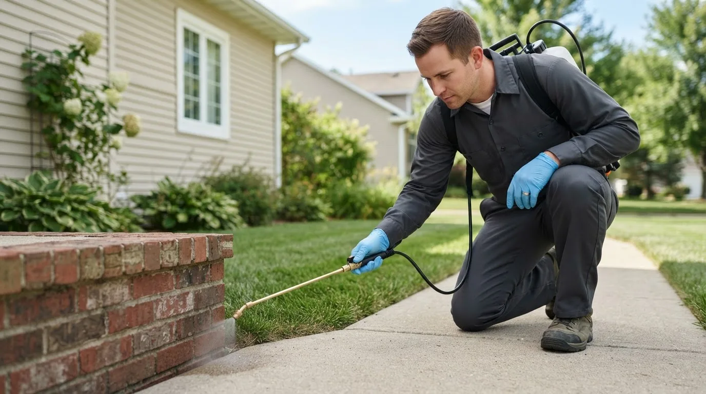 Pest control technician treating a home near Columbus, KS